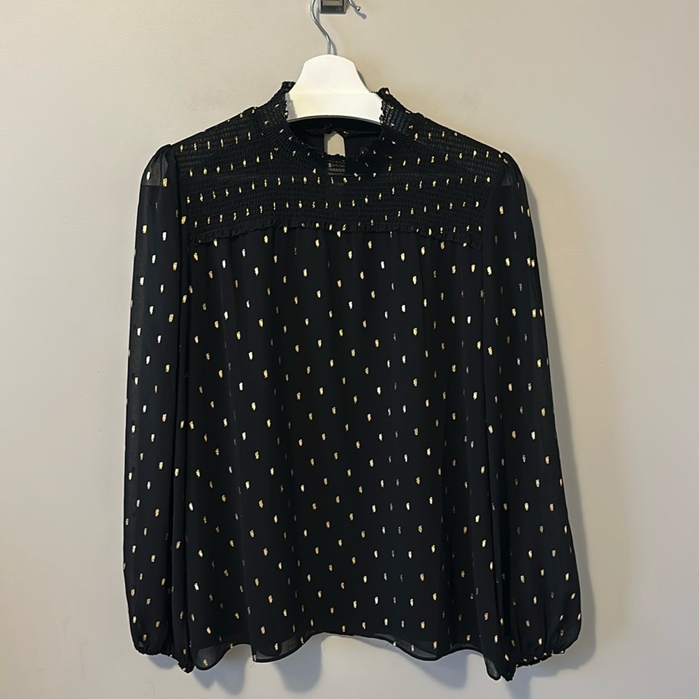 White House Black Market Print Mock Neck Black and Gold Long Sleeve Blouse